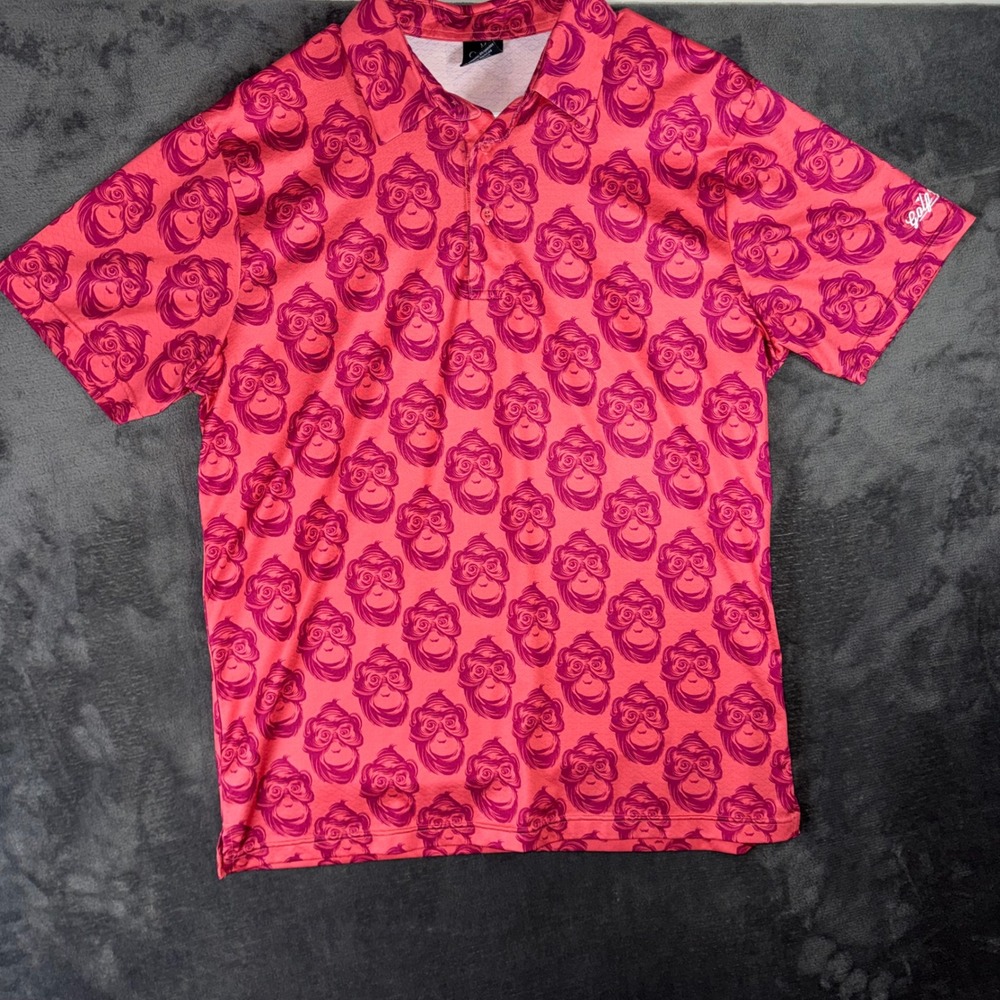 Mens Medium Golf Gods Polo Shirt Excellent Monkey Print Short Sleeve Golfing